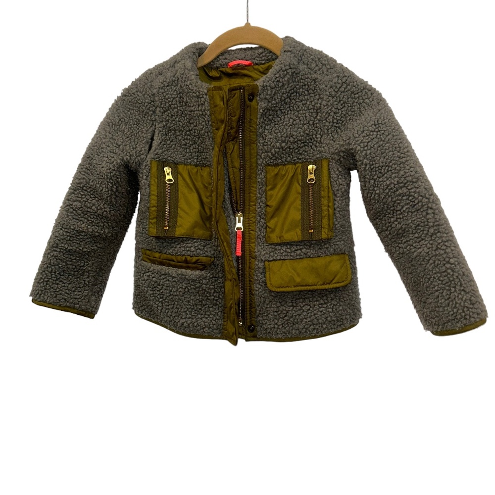 j. crew Crewcuts gray olive green teddy bear fuzzy fleece zip up jacket …